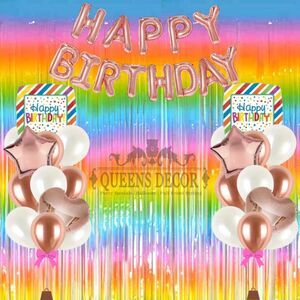 Birthday Party Kit with Fringe Curtain,Birthday Sign, Latex and Foil Balloons,